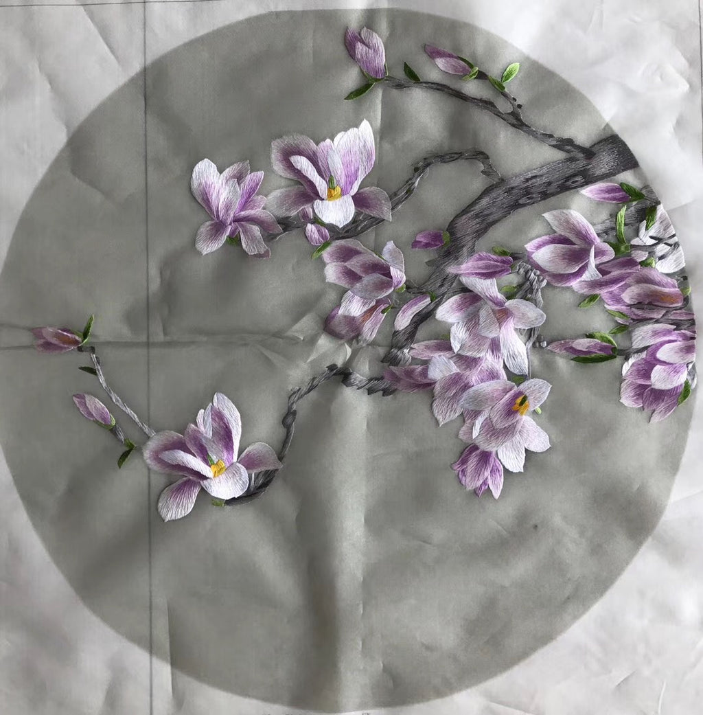 Triptych(3pieces)Hand Su Embroidery Art:magnolia orchis flower circle 50cm