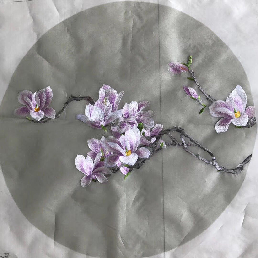 Triptych(3pieces)Hand Su Embroidery Art:magnolia orchis flower circle 50cm