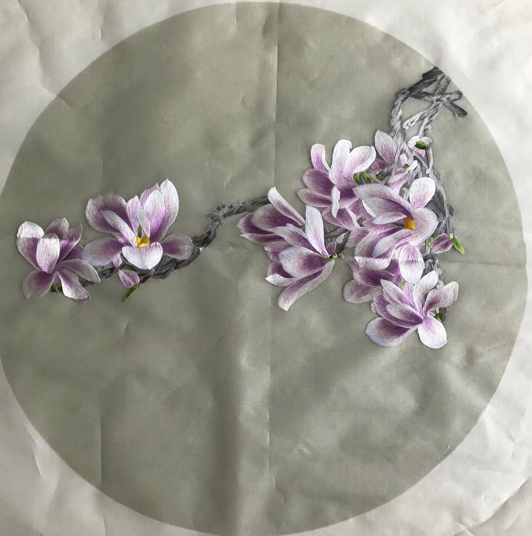 Triptych(3pieces)Hand Su Embroidery Art:magnolia orchis flower circle 50cm