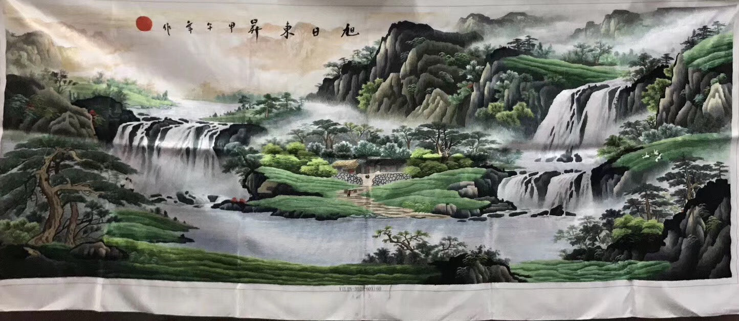 Hand Su Embroidery Art:Great Wall pandas trees mountain landscape 160cm