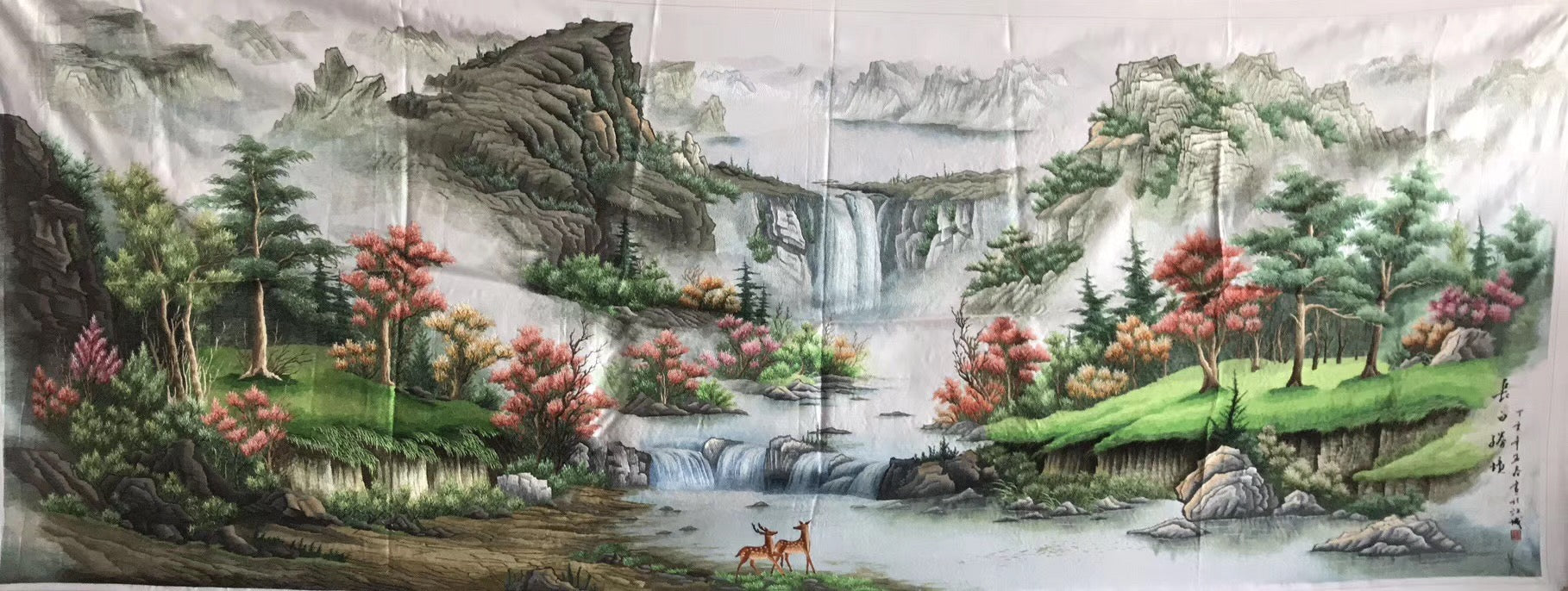 Big size Hand Su Embroidery Art:waterfall lake mountains landscape 210cm