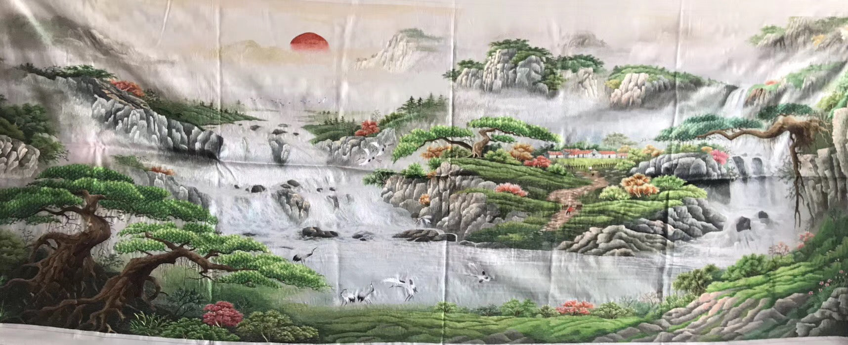 Big size Hand Su Embroidery Art:waterfall lake mountains landscape 210cm