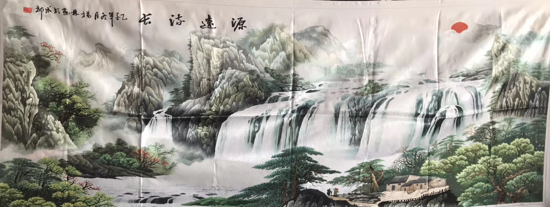 Big size Hand Su Embroidery Art:waterfall lake mountains landscape 210cm