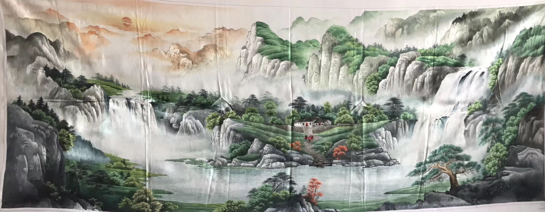 Big size Hand Su Embroidery Art:waterfall lake mountains landscape 210cm