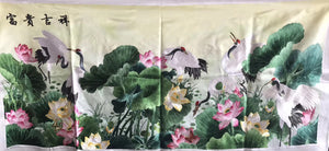 Hand Su Embroidery Art:cranes lotus fishes peony birds peacocks 130cm