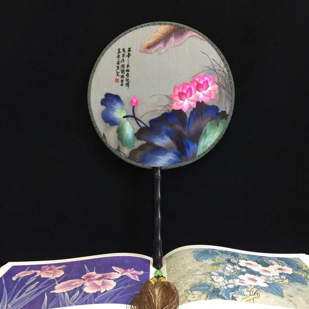 Double sided hand su embroidery fan:cat flower birds butterfly lotus panda peacock