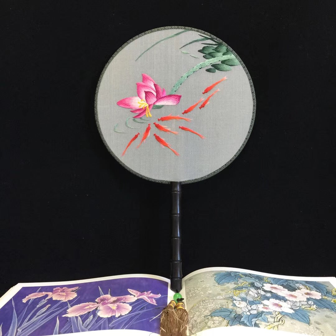 Double sided hand su embroidery fan:cat flower birds butterfly lotus panda peacock