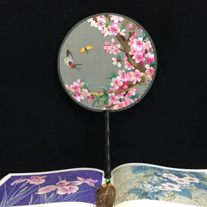 Double sided hand su embroidery fan:cat flower birds butterfly lotus panda peacock