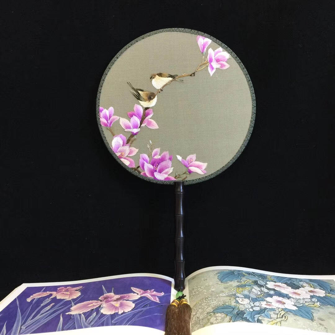 Double sided hand su embroidery fan:cat flower birds butterfly lotus panda peacock