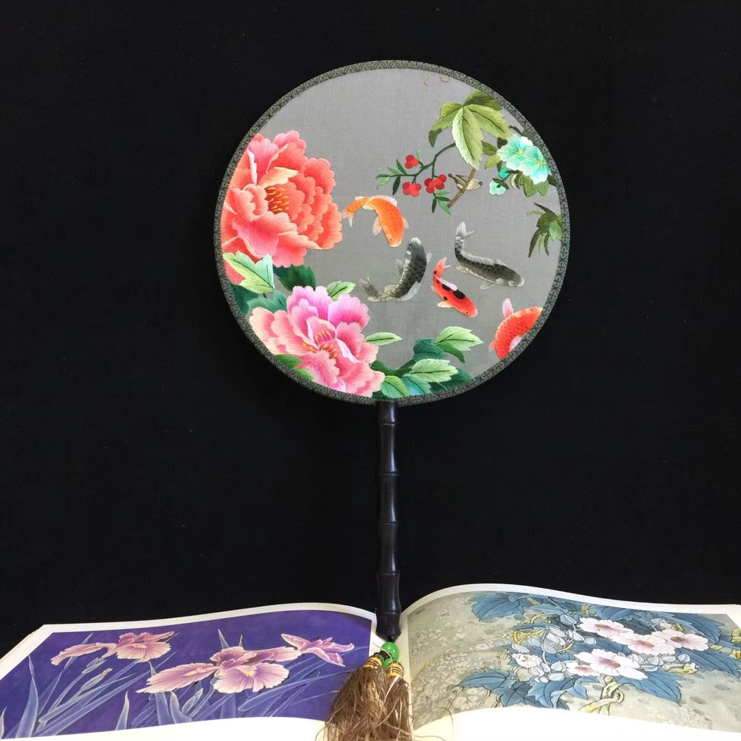 Double sided hand su embroidery fan:cat flower birds butterfly lotus panda peacock