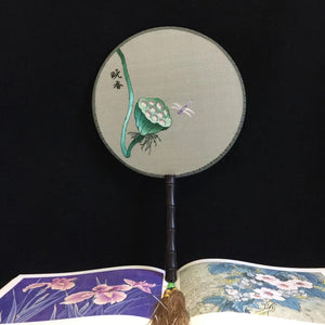 Double sided hand su embroidery fan:cat flower birds butterfly lotus panda peacock