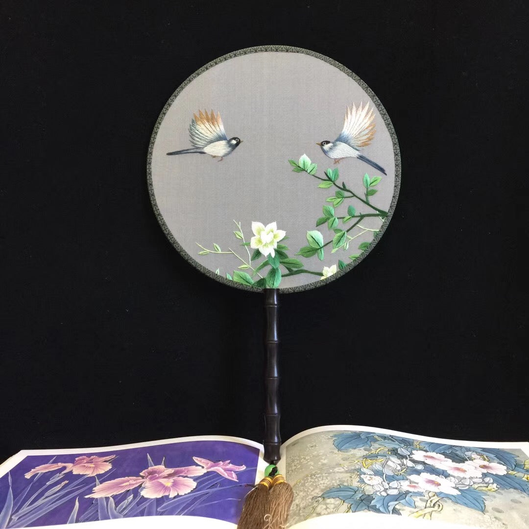 Double sided hand su embroidery fan:cat flower birds butterfly lotus panda peacock