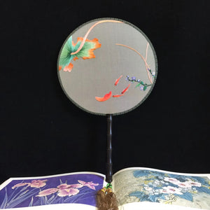 Double sided hand su embroidery fan:cat flower birds butterfly lotus panda peacock