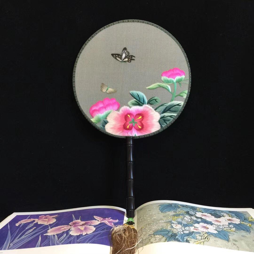 Double sided hand su embroidery fan:cat flower birds butterfly lotus panda peacock