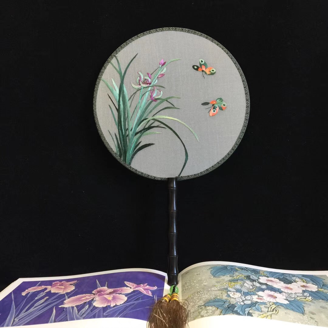 Double sided hand su embroidery fan:cat flower birds butterfly lotus panda peacock