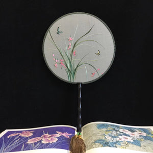 Double sided hand su embroidery fan:cat flower birds butterfly lotus panda peacock