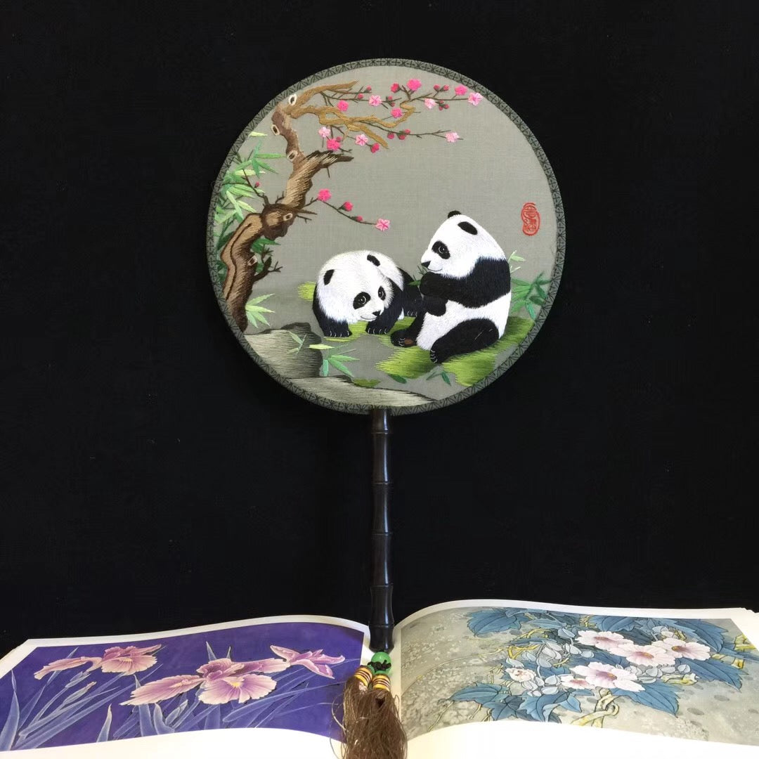 Double sided hand su embroidery fan:cat flower birds butterfly lotus panda peacock