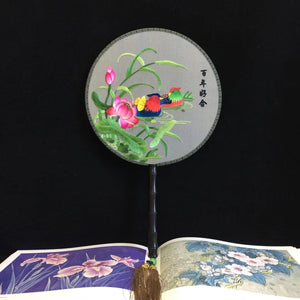 Double sided hand su embroidery fan:cat flower birds butterfly lotus panda peacock