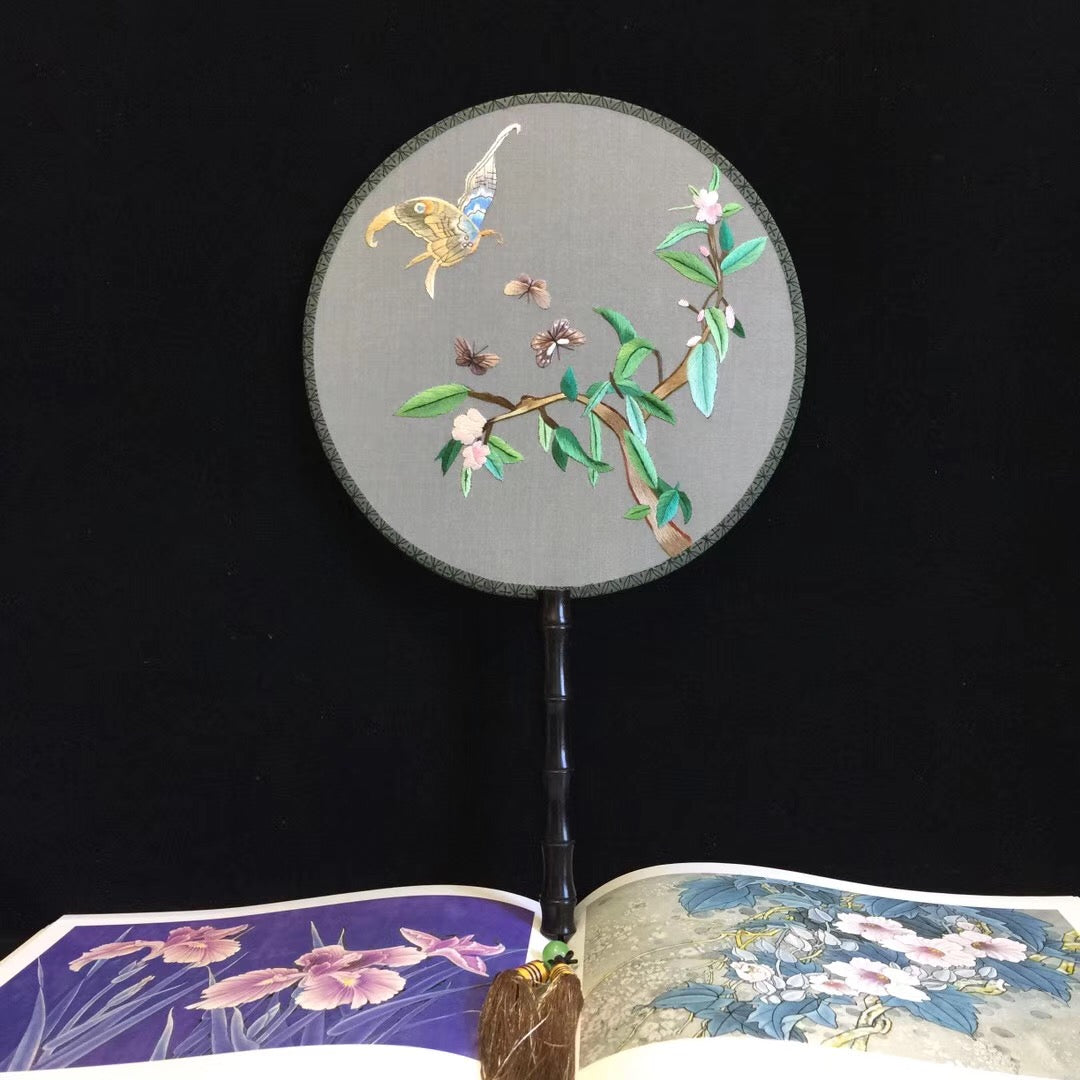 Double sided hand su embroidery fan:cat flower birds butterfly lotus panda peacock