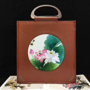 Retro hand su embroidery wooden handle cowhide bag hand-held shoulder bag handbag