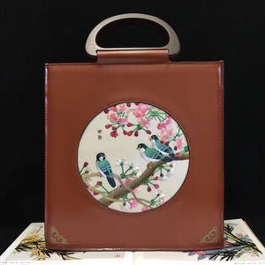 Retro hand su embroidery wooden handle cowhide bag hand-held shoulder bag handbag