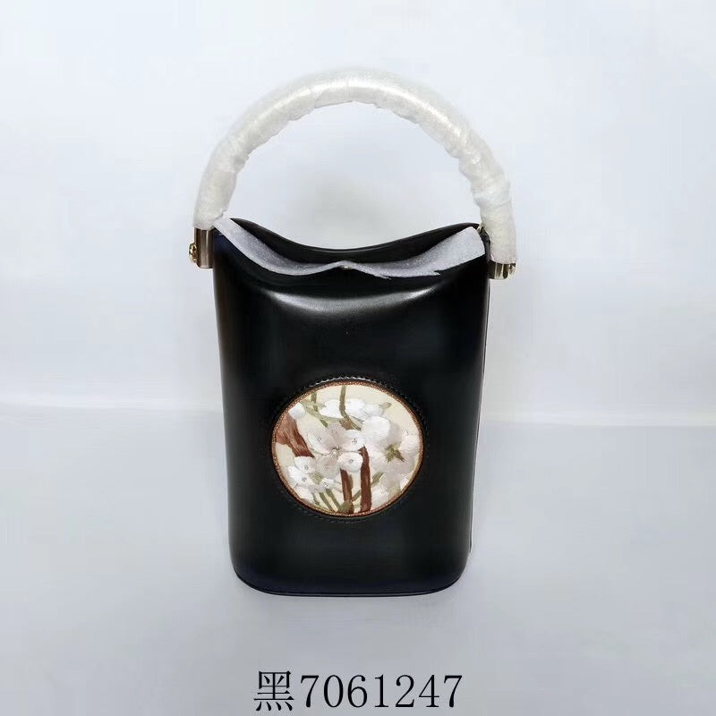 Classic hand su embroidery metal cowhide bag mini bucket pail shoulderbag handbag