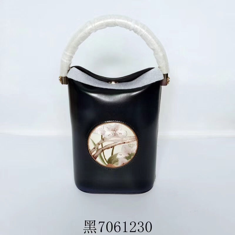 Classic hand su embroidery metal cowhide bag mini bucket pail shoulderbag handbag