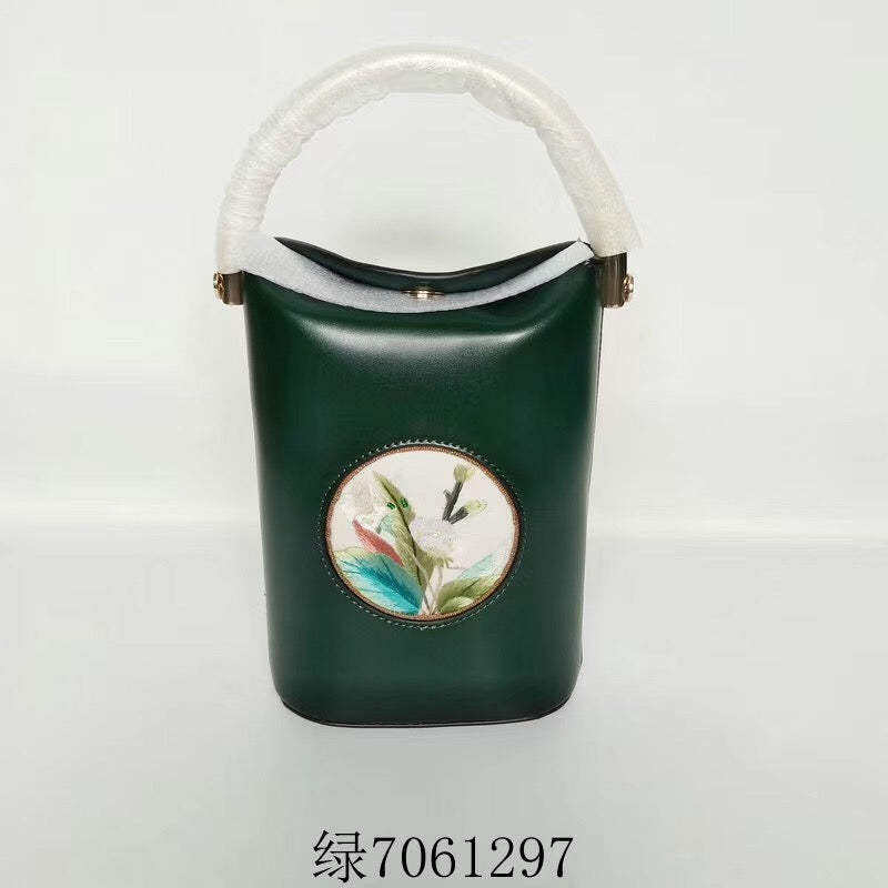 Classic hand su embroidery metal cowhide bag mini bucket pail shoulderbag handbag