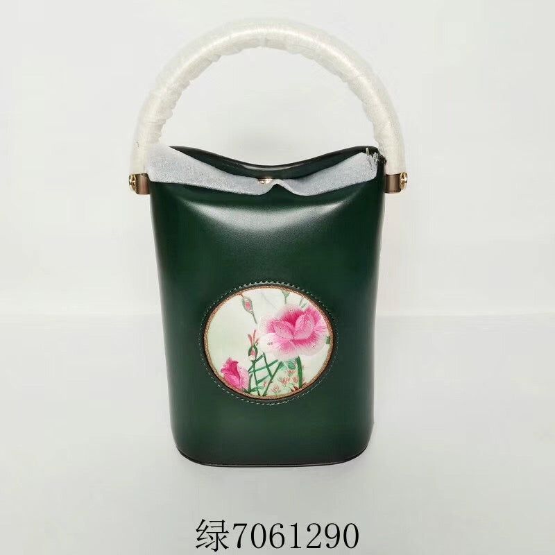 Classic hand su embroidery metal cowhide bag mini bucket pail shoulderbag handbag