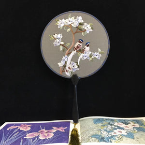 Hand double sided su silk embroidery fan:leaves flower birds butterfly (two-sided reversible )