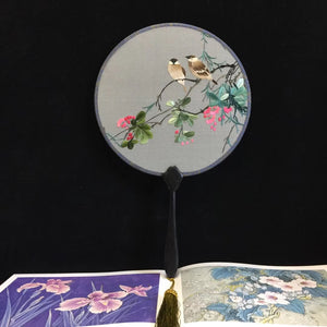 Hand double sided su silk embroidery fan:leaves flower birds butterfly (two-sided reversible )