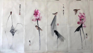 Delicate Hand Su Embroidery 4screens(1set) Art:flower birds still life 80cm