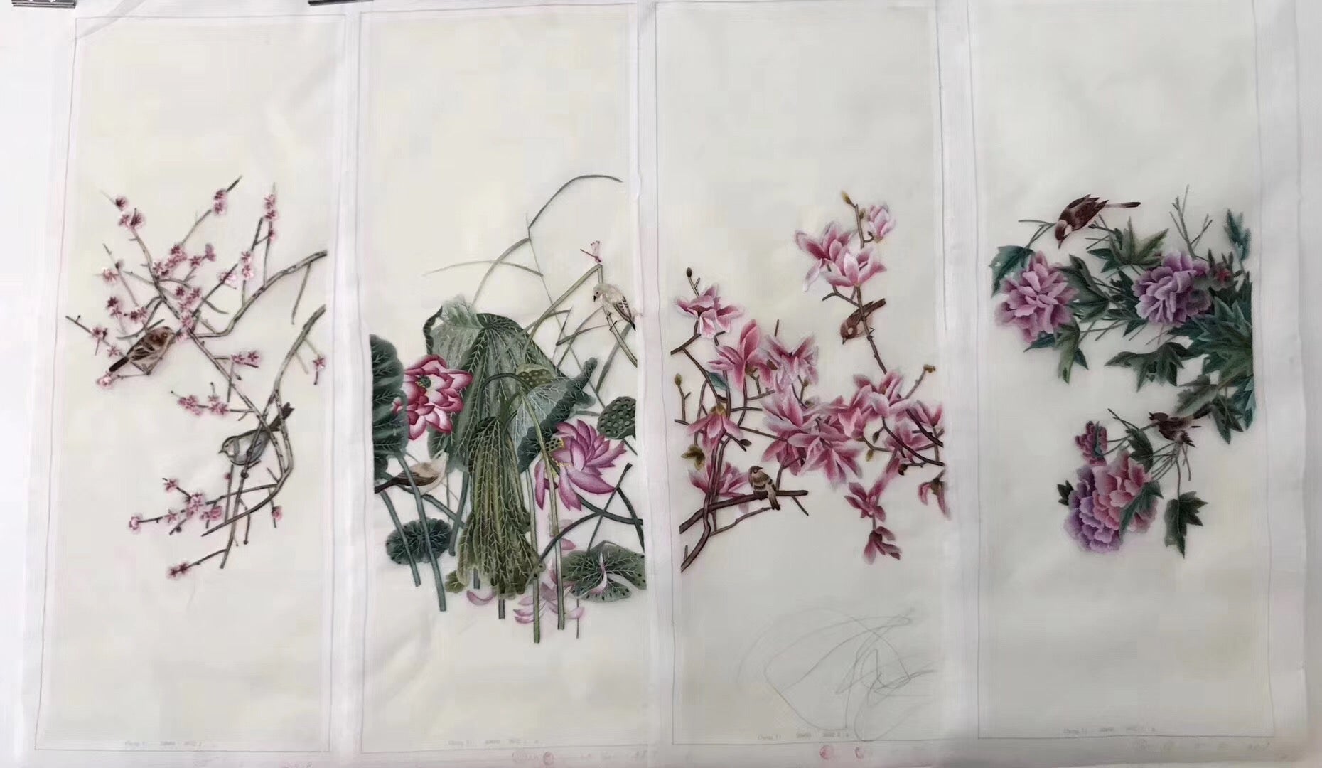 Delicate Hand Su Embroidery 4screens(1set) Art:flower birds still life 80cm