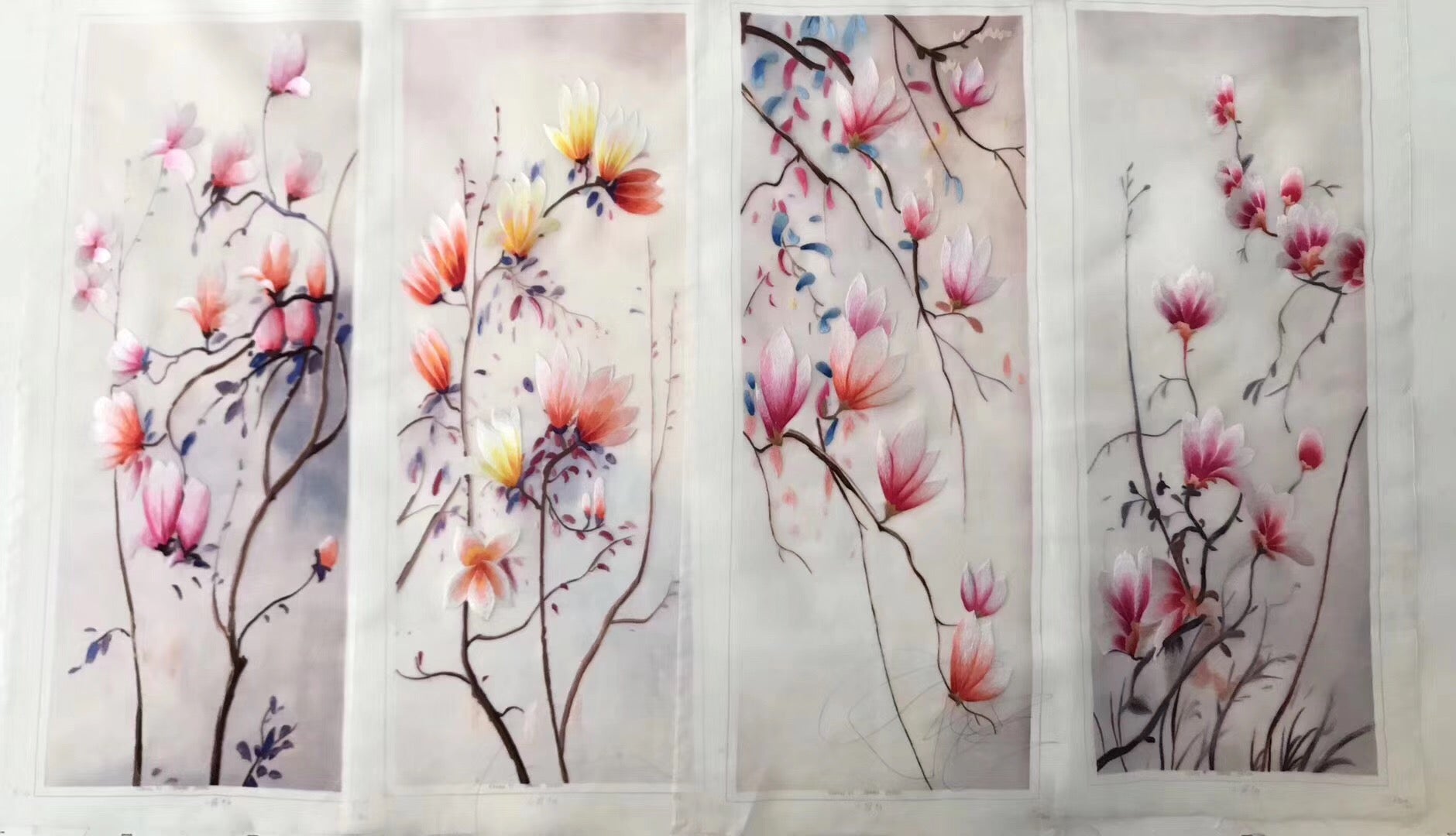 Delicate Hand Su Embroidery 4screens(1set) Art:flower birds still life 80cm