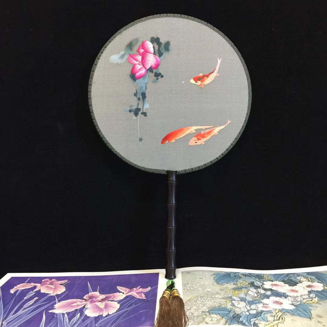 Hand double sided su silk embroidery fan:leaves flower birds butterfly (two-sided reversible )