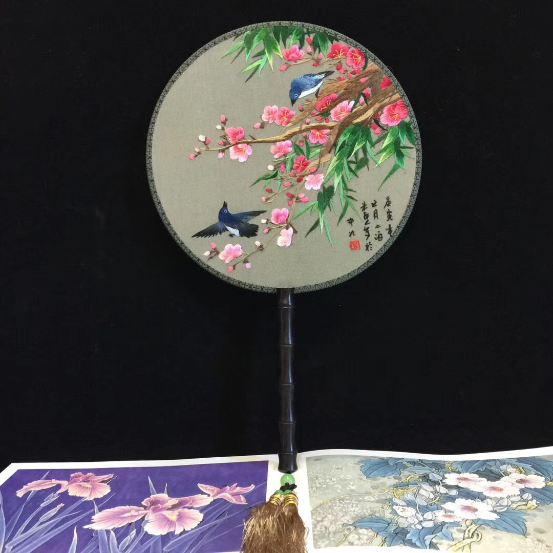 Hand double sided su silk embroidery fan:leaves flower birds butterfly (two-sided reversible )