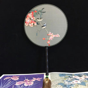 Hand double sided su silk embroidery fan:leaves flower birds butterfly (two-sided reversible )