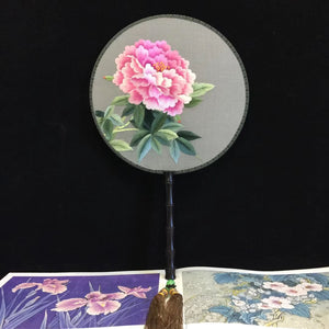 Hand double sided su silk embroidery fan:leaves flower birds butterfly (two-sided reversible )