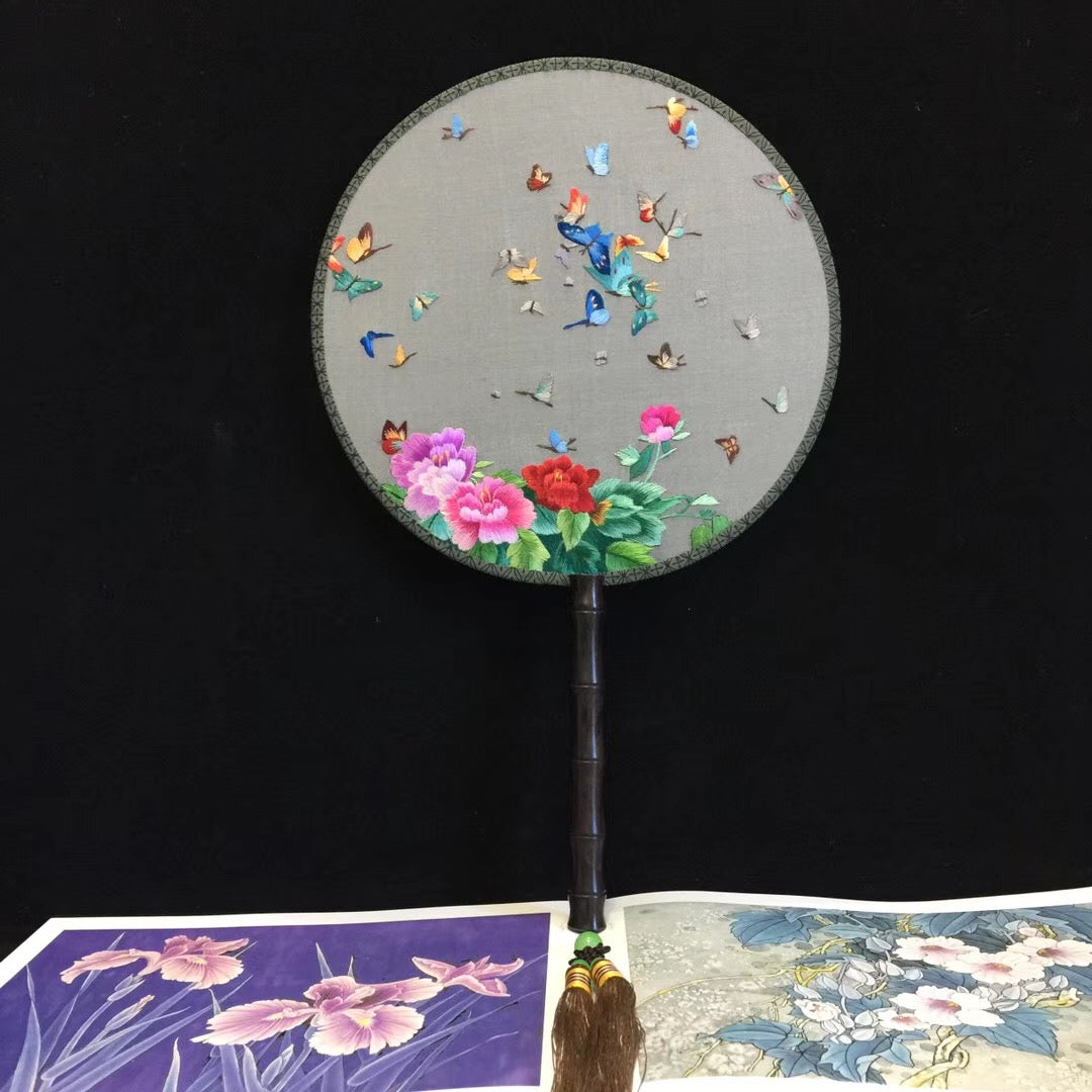 Hand double sided su silk embroidery fan:leaves flower birds butterfly (two-sided reversible )