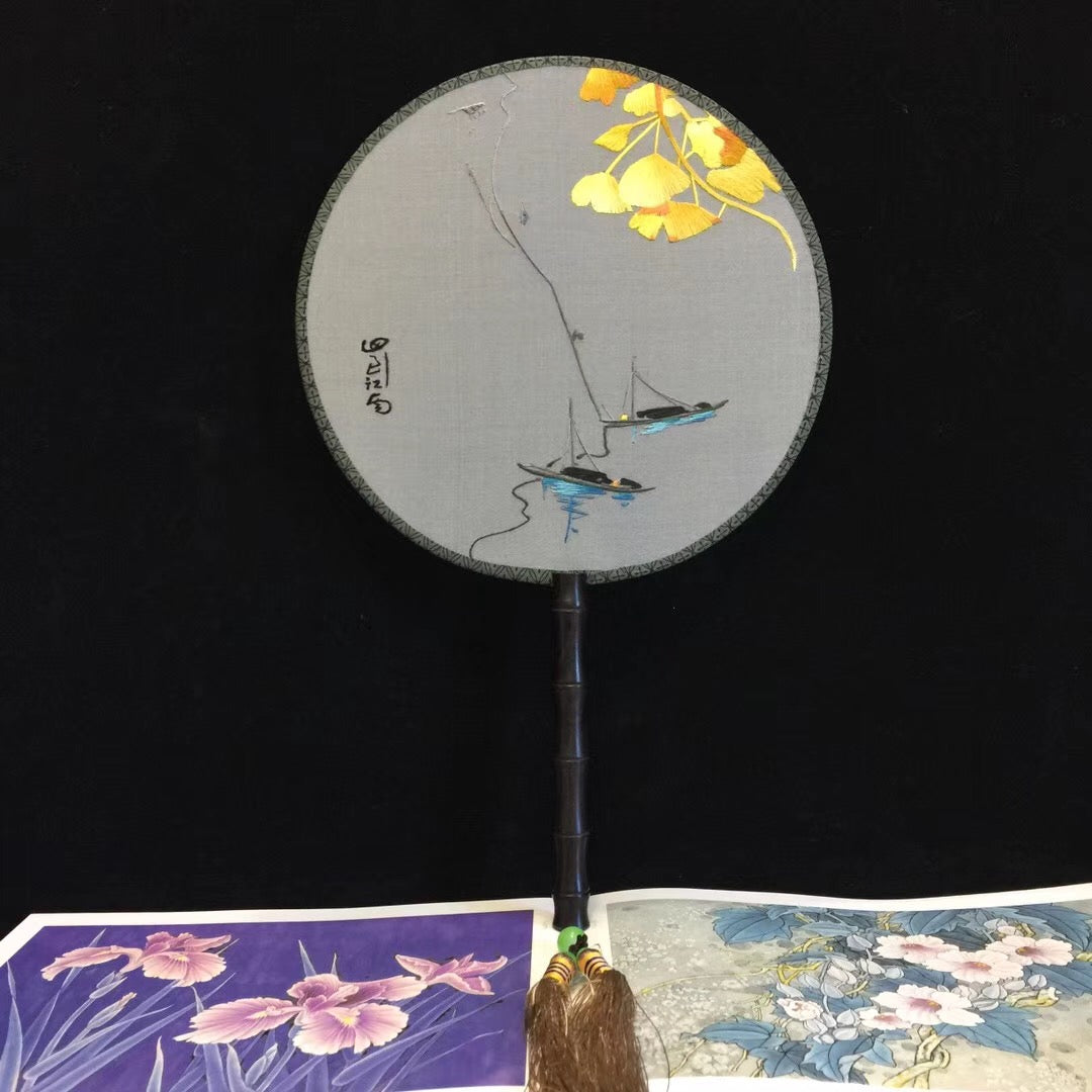 Hand double sided su silk embroidery fan:leaves flower birds butterfly (two-sided reversible )