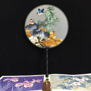 Hand double sided su silk embroidery fan:leaves flower birds butterfly (two-sided reversible )