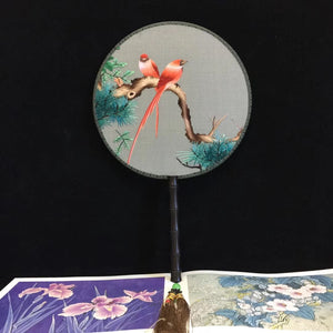 Hand double sided su silk embroidery fan:leaves flower birds butterfly (two-sided reversible )