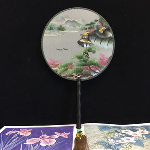 Hand double sided su silk embroidery fan:leaves flower birds butterfly (two-sided reversible )