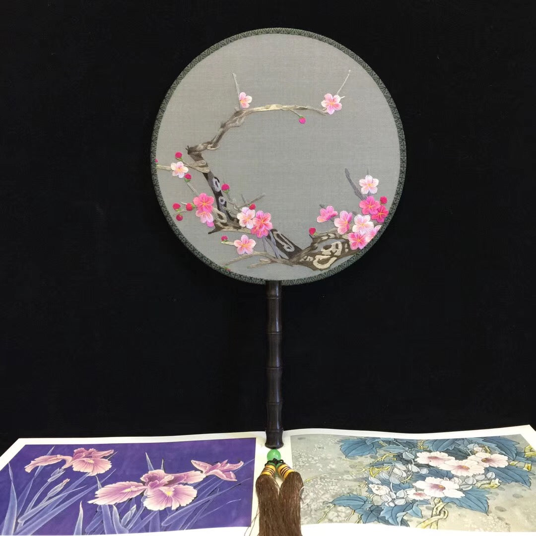 Hand double sided su silk embroidery fan:leaves flower birds butterfly (two-sided reversible )