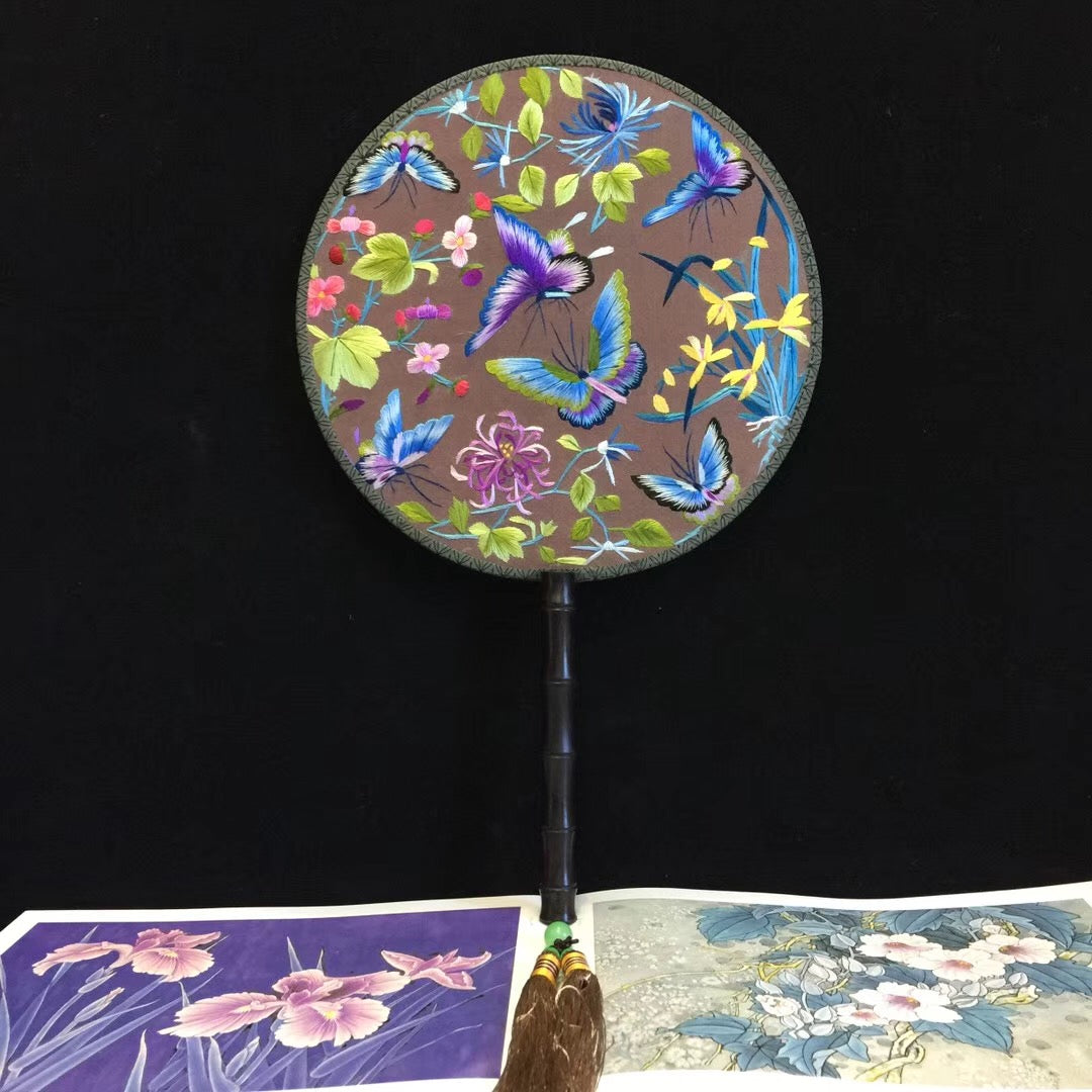 Hand double sided su silk embroidery fan:leaves flower birds butterfly (two-sided reversible )