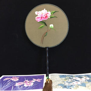 Hand double sided su silk embroidery fan:leaves flower birds butterfly (two-sided reversible )