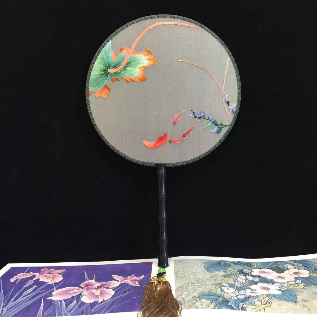 Hand double sided su silk embroidery fan:leaves flower birds butterfly (two-sided reversible )