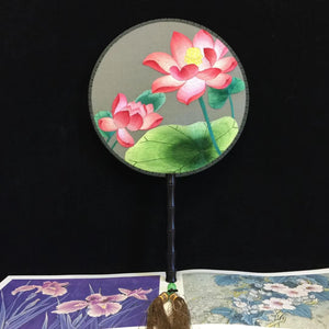 Hand double sided su silk embroidery fan:leaves flower birds butterfly (two-sided reversible )