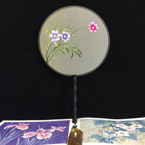 Hand double sided su silk embroidery fan:leaves flower birds butterfly (two-sided reversible )