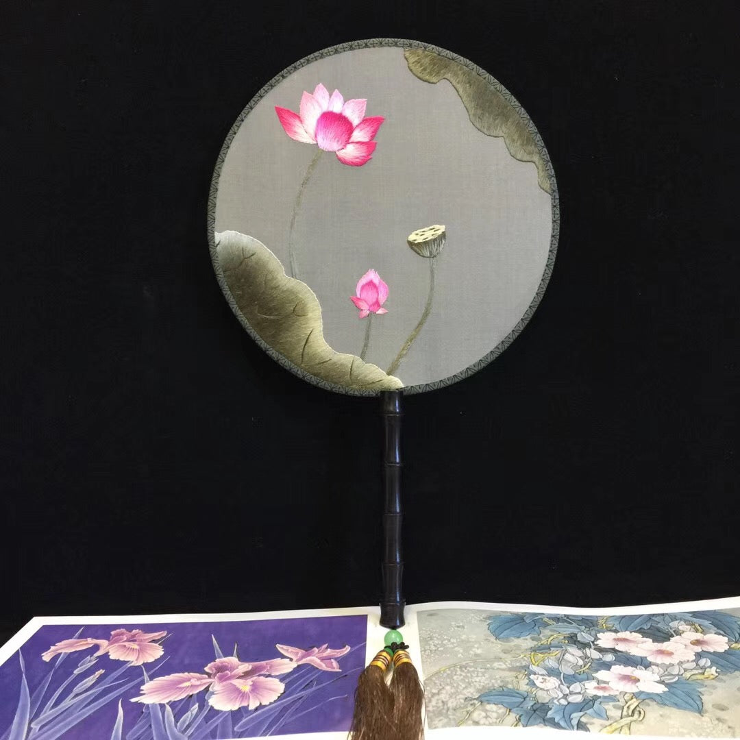 Hand double sided su silk embroidery fan:leaves flower birds butterfly (two-sided reversible )